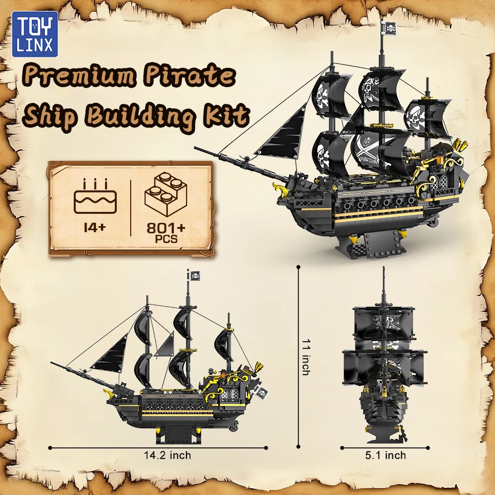 Mystery Pirate Ship Bricks Model Black Gold Color Scheme 3D Puzzle Challenge Collectible Naval Ship Encourages Creativity Skills view 3