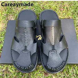 Careaymade-Summer Men's Sandals Full Leather Cowskin Original Literature Art handmade soft sole soft leather Male Wind Slippers