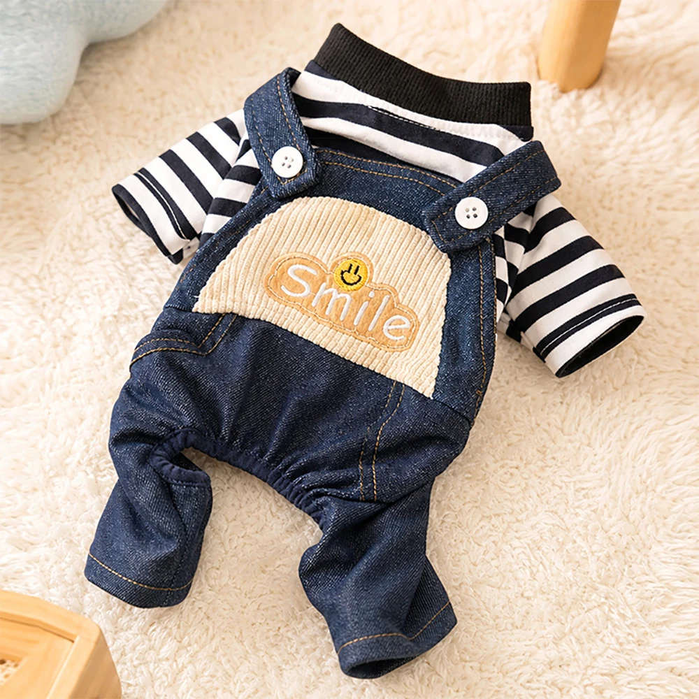Cute Denim Dog Overalls Jumpsuit, Striped Shirt Four-Legged Pet Outfit, Casual Puppy Jeans Clothes for Small Medium Dogs Cats