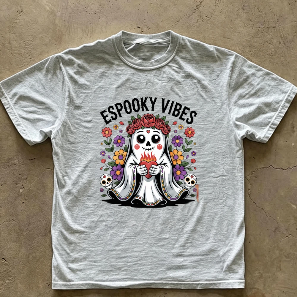 Espooky Vibes Floral Ghost Day of The Dead T‑Shirt Mexican Sugar Skull Sacred Heart Rose Colorful Flower Cotton Tee Casual Tops