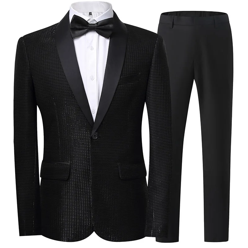 Conjunto de terno xadrez justo masculino, vestido de casamento coreano, terno casual de negócios, noivo bonito para noivo, H2