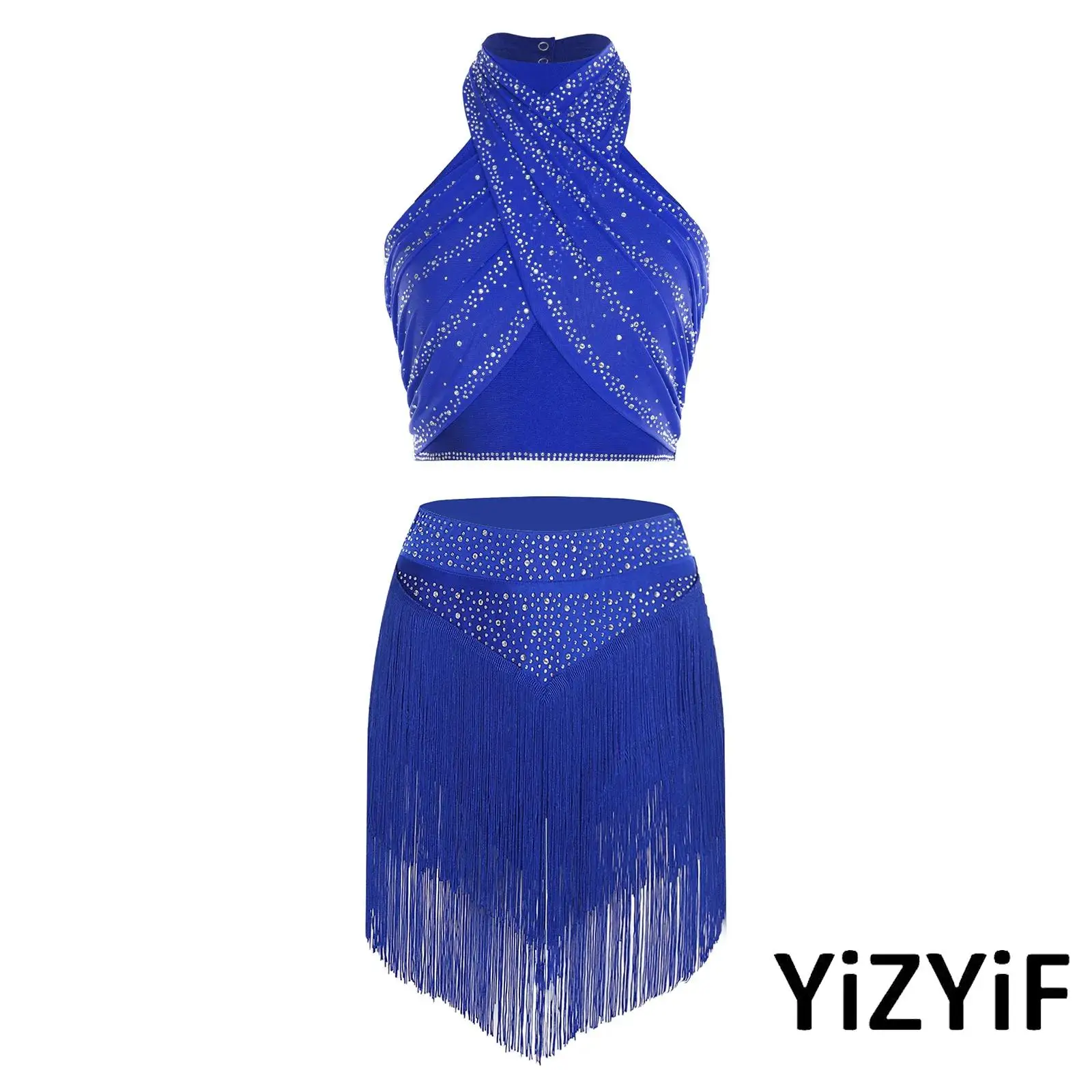 Costume de danse latine Chacha Salsa pour femmes, col licou, sans manches, dos nu, brillant, froncé, ensemble haut court et jupe, vêtements de danse du ventre latin