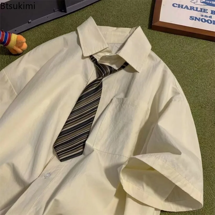 New 2025 Retro Style Men's Short Sleeved Workwear Shirt Summer Tie DK Uniform Shirt for Men Thin Style Oversize Loose Lapel Tops
