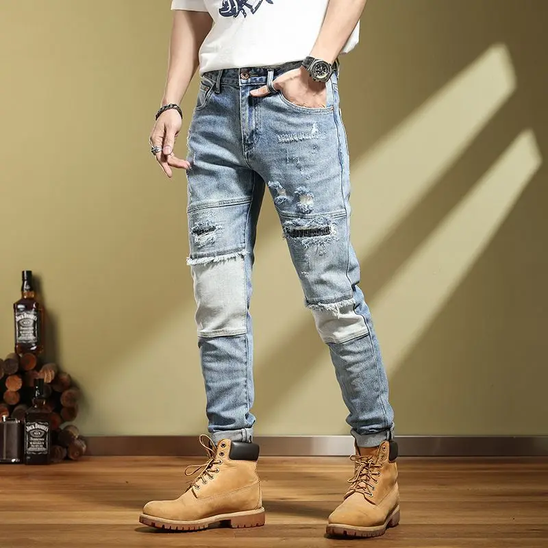 2023 New Spring Vintage Spliced ripped Slim Fit Elastic Youth Little Foot Beggar Jeans for Men ripped jeans  cargo jeans