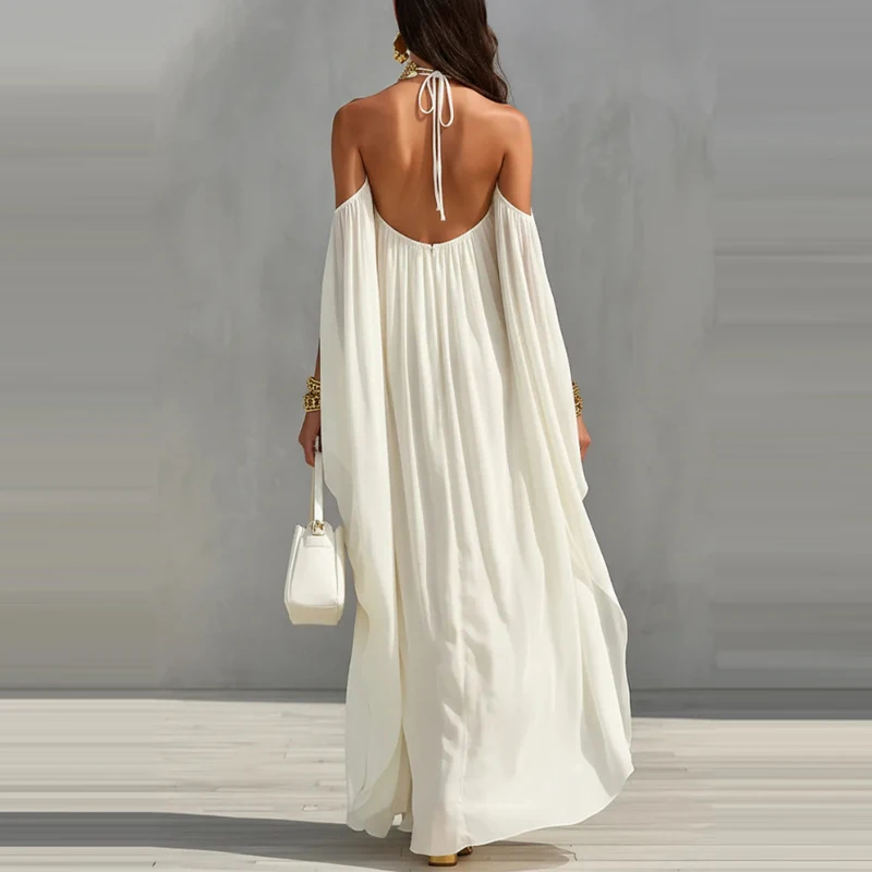 Sommerliches Boho-Maxikleid im Bohemian-Stil, Elegantes Ausgeschnittenes Rüschenkleid mit Neckholder und Schulterfreiem Design aus Chiffon