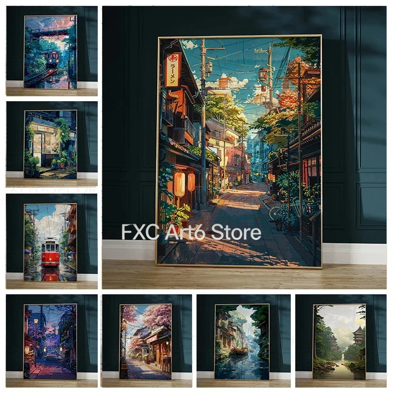 1 Stück Rahmenlose Manga-Stil Tokyo Stadtlandschaft Leinwanddrucke Lebendige Japan Wandkunst Poster für Moderne Wohnzimmer Heimdekoration Geschenke