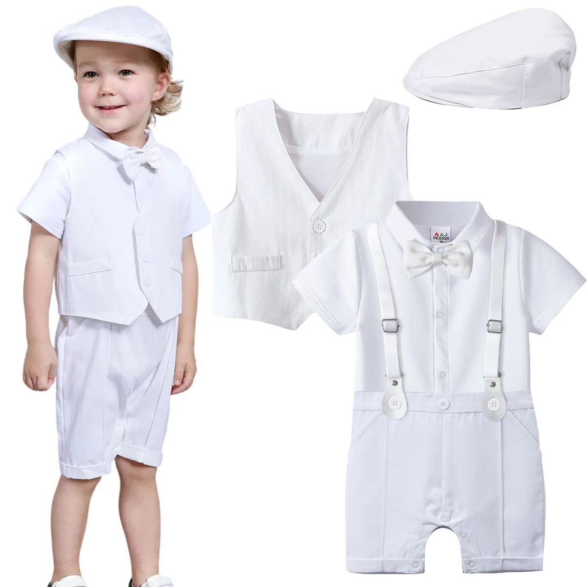 Baby Boys Baptism Outfit Infant Wedding Gentleman Set Christening Formal Birthday Party Suit Suspender Bow Tie Romper 3PCS