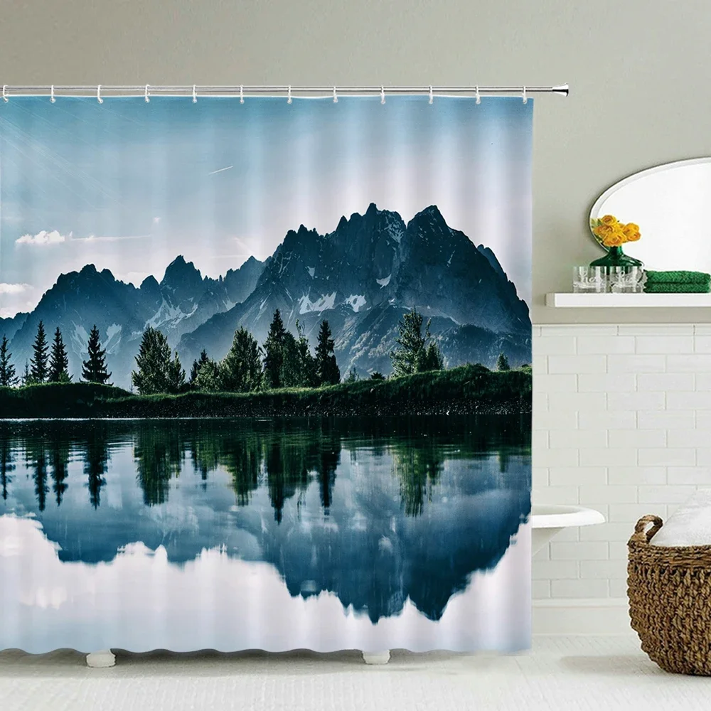 

Занавеска для душа с 3D-принтом «Речной лес»: горы, деревья, природный пейзаж. Водонепроницаемая полиэстеровая занавеска для ванной комнаты, декор для дома.