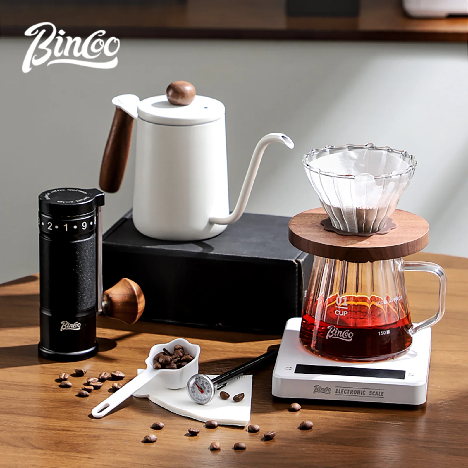 

Bincoo Coffee Drip Set 600ml Pour Over Kettle Gooseneck Spout Tea Pot Glass Filter Cup & Paper Coffee Server Barista Accessories