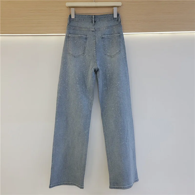 تألق الساخن الماس الجينز المرأة الضوء الأزرق واسعة الساق السراويل عالية الخصر الجينز مع الماس الشارع Trendsetters مستقيم الجينز