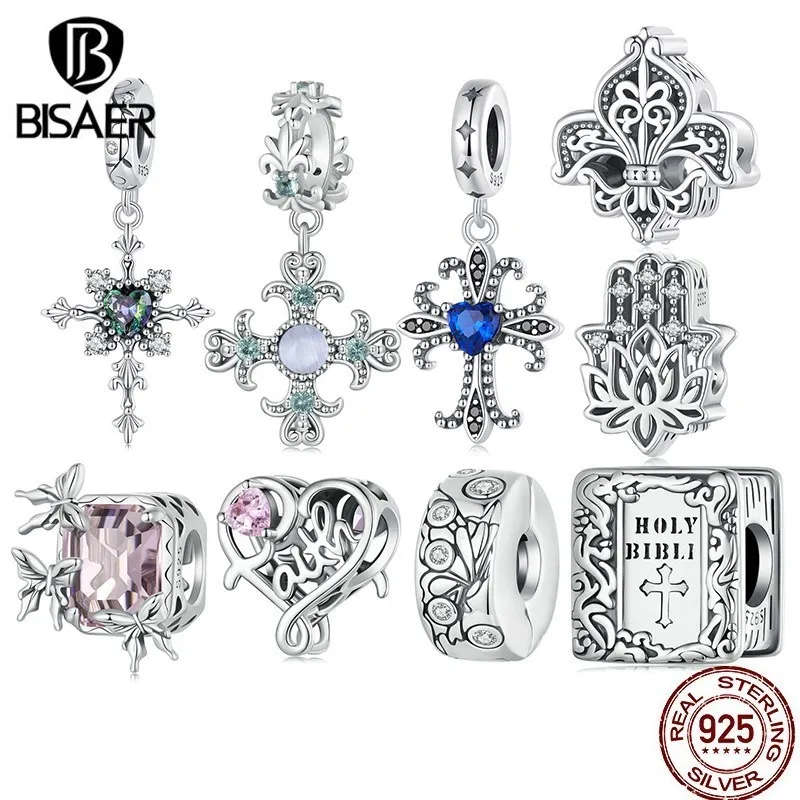 BISAER 925 Sterling Silver Faith Heart Bible Charm Bead Iris Cross Pendant For Women DIY Bracelet Ｎecklace Fine Jewelry ECC2676