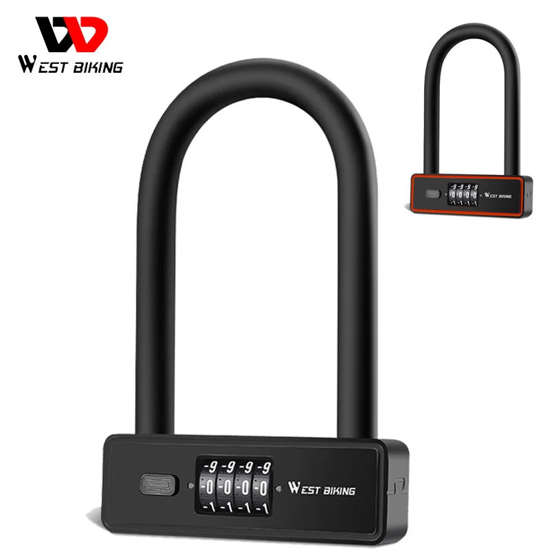 WEST BIKING Combination Bike U Lock Anti-Theft Heavy Duty Padlock For Motorcycle E-Bike Door With Retrievable Password Keys