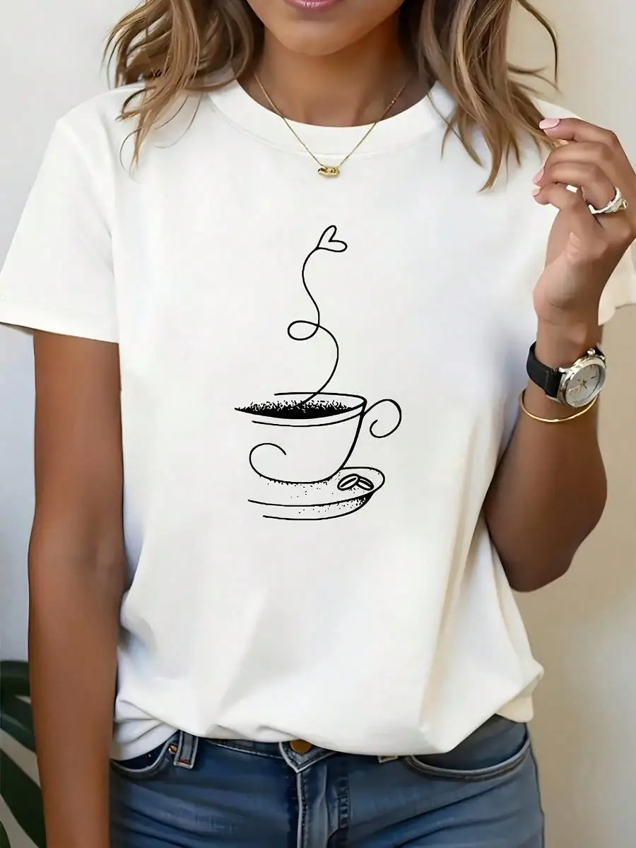 Coffee Scented Themed T-Shirt - Short Sleeve Casual Round Neck Top With Coffee Bean Cup Print - H-Line Regular Fit Blouse For Spring Summer Fall