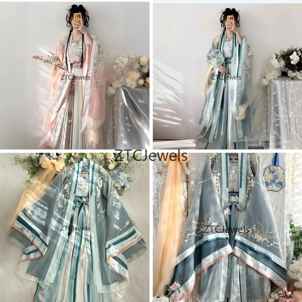 

Chinese Hanfu Dress Cosplay Embroidery Gradient Color Big Sleeve Blouse Waist Tie Traditional Elegant Costume