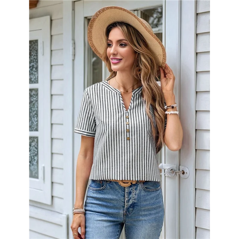 

【SEE】Women's Dressy Casual Tops Business Work Blouses Button Down Shirts Short Sleeve V Neck Tshirt