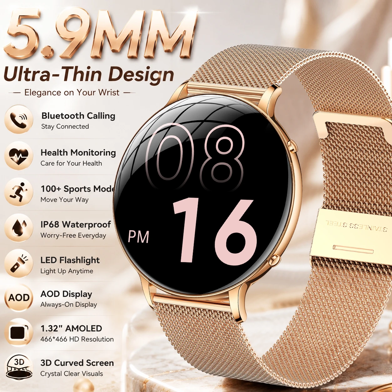 2026 New 5.9 Ultra-Slim Smart Watch AMOLED HD Screen LED Torch Fitness Tracker Always-On Time Display Fashion Women Smartwatch