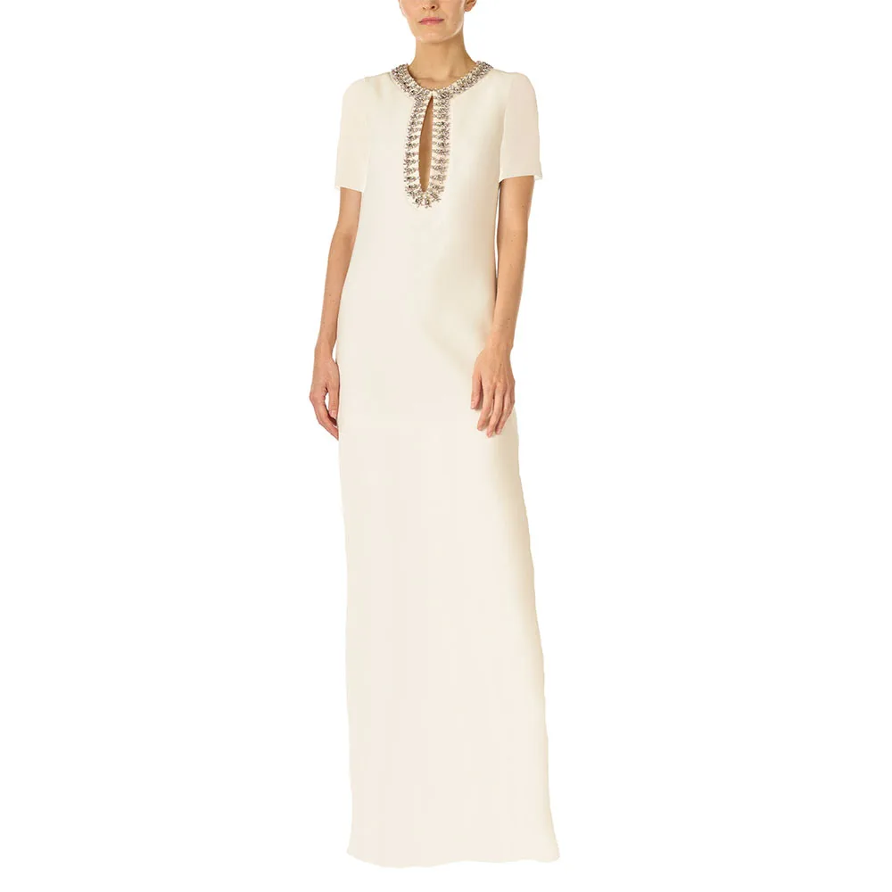 

Elegant Wedding Guest Dresses for Women 2025 Short Sleeves Crystal Formal Party Gowns Long O Neck Cut Out Column Evening Dress