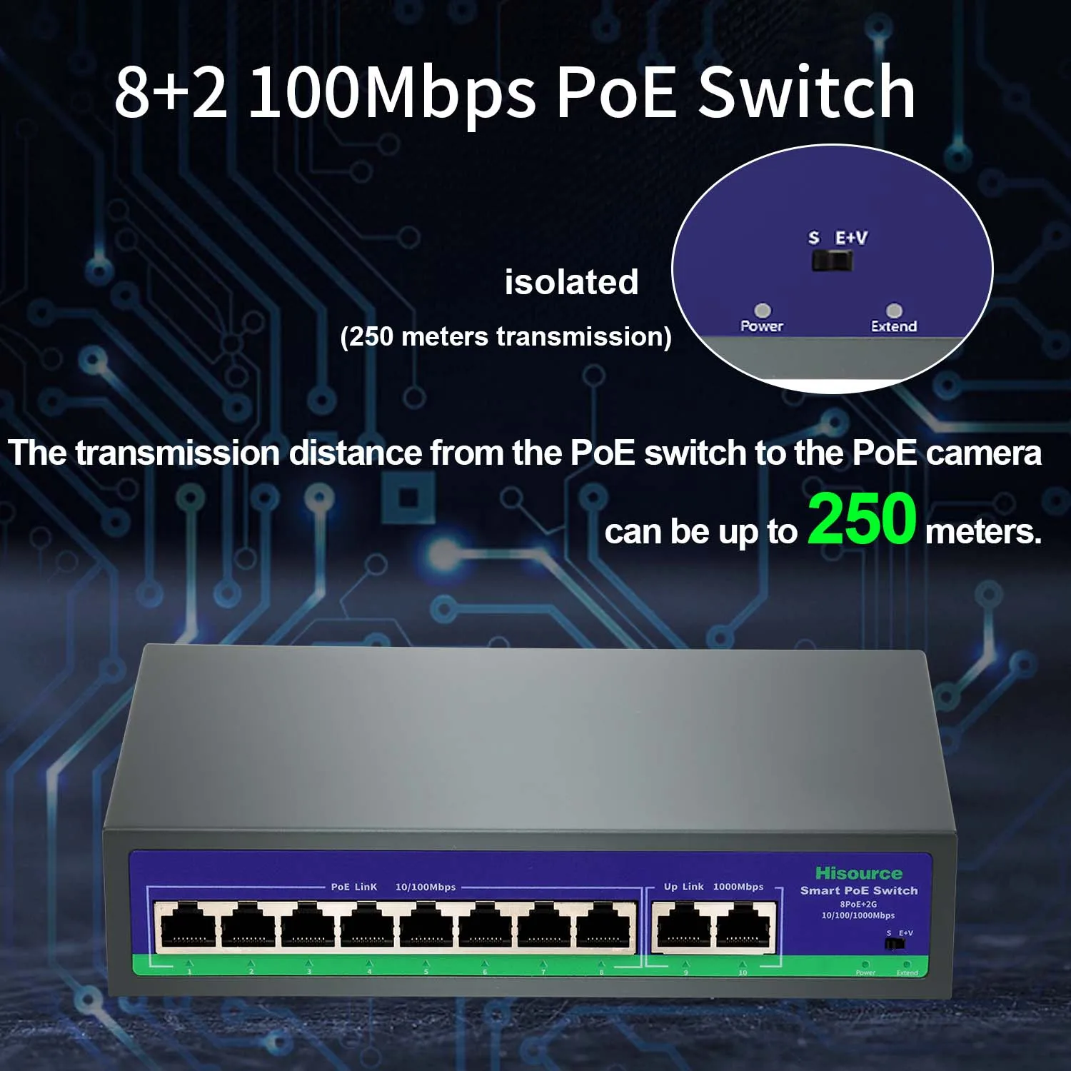 Hisource 8 10/100Mbps Ports Network Switch 250M Uplink 2*100 or 2*1000Mbps with VLAN for IPC/NVR