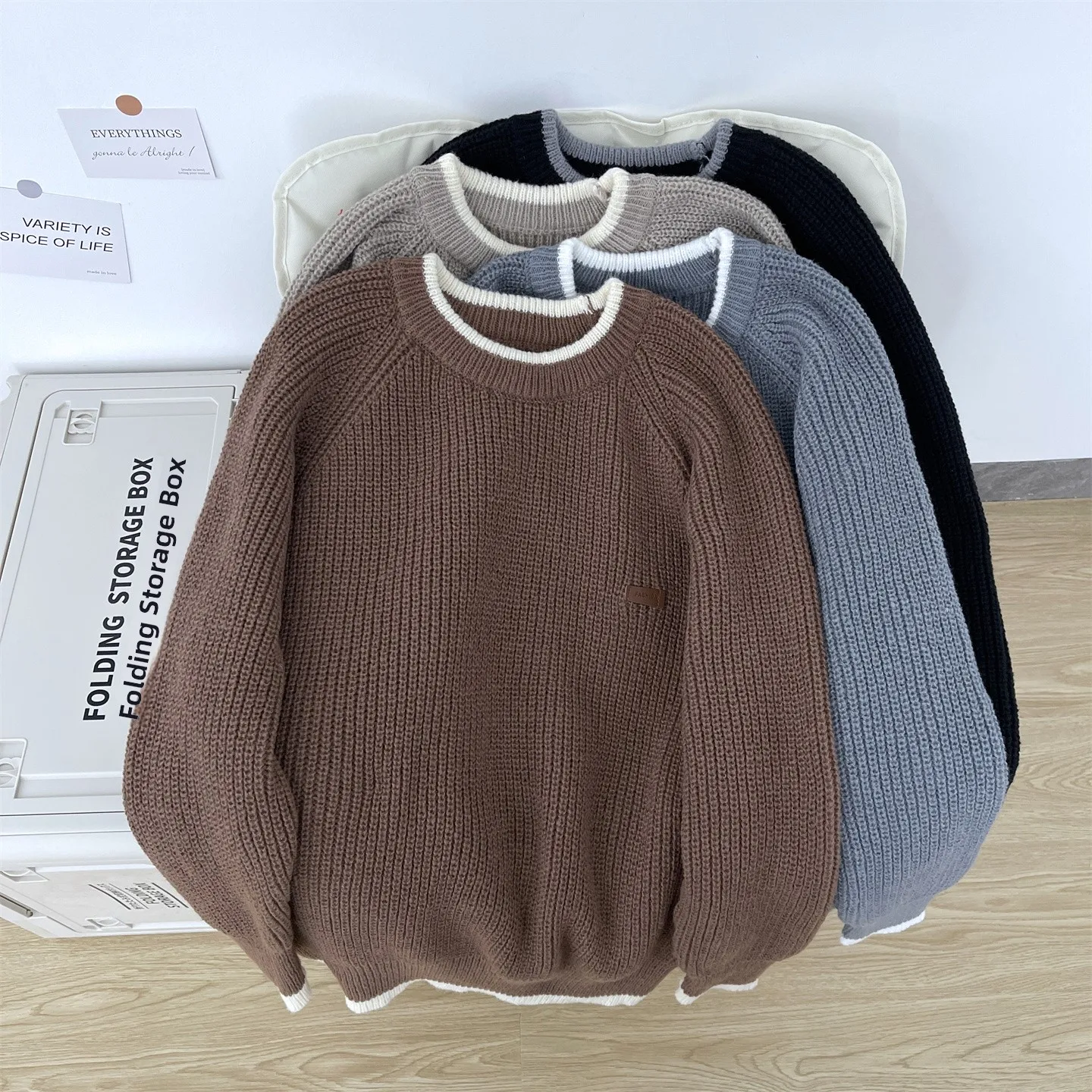 

Мужской вязаный свитер с круглым вырезом, повседневный, с контрастными вставками, теплый, молодежный, для весны, осени и зимы, модный брендовый