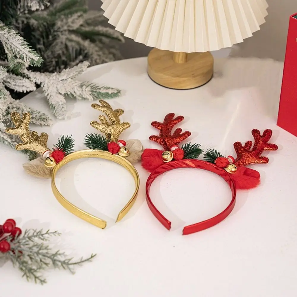 Antler Christmas Hair Hoop with Sequin Bell Deer Horn Headband Red/Gold Party Supply Xmas Antler Headband Happy New Year