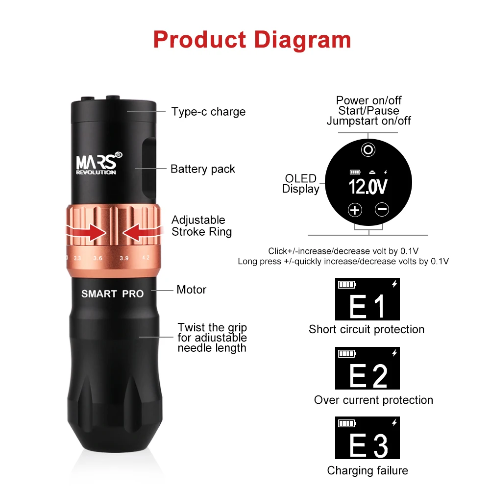 Mars Smart Pro Tattoo Battery Pen Wireless Tattoo Machine con 1500mAh Tattoo Power Supply Stroke 2.4-4.2mm per trucco permanente