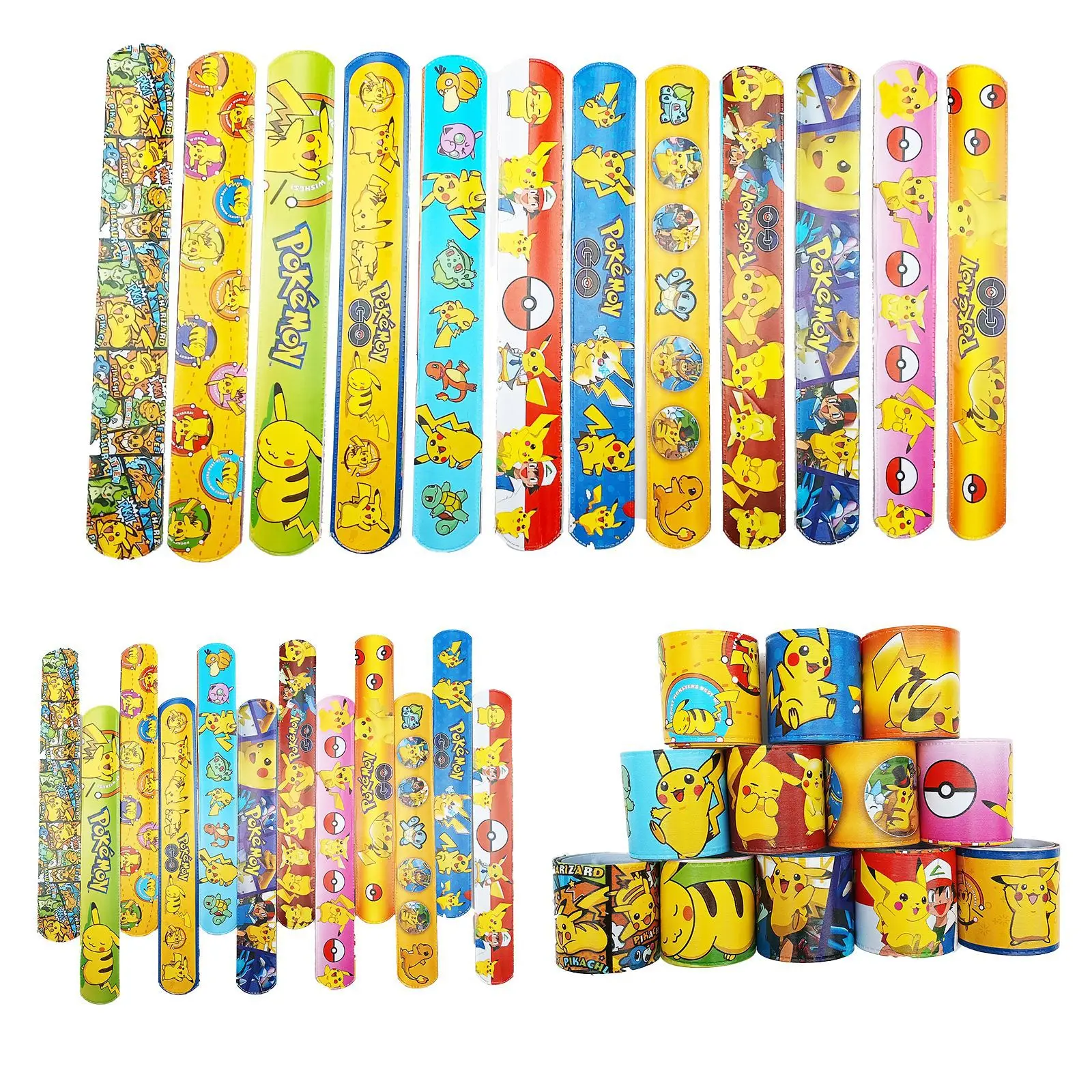 12-24-36-個ポケモンパーティー記念品漫画スナップブレスレットスラップブレスレットピカチュウテーマ誕生日グッズバッグ装飾フィラー