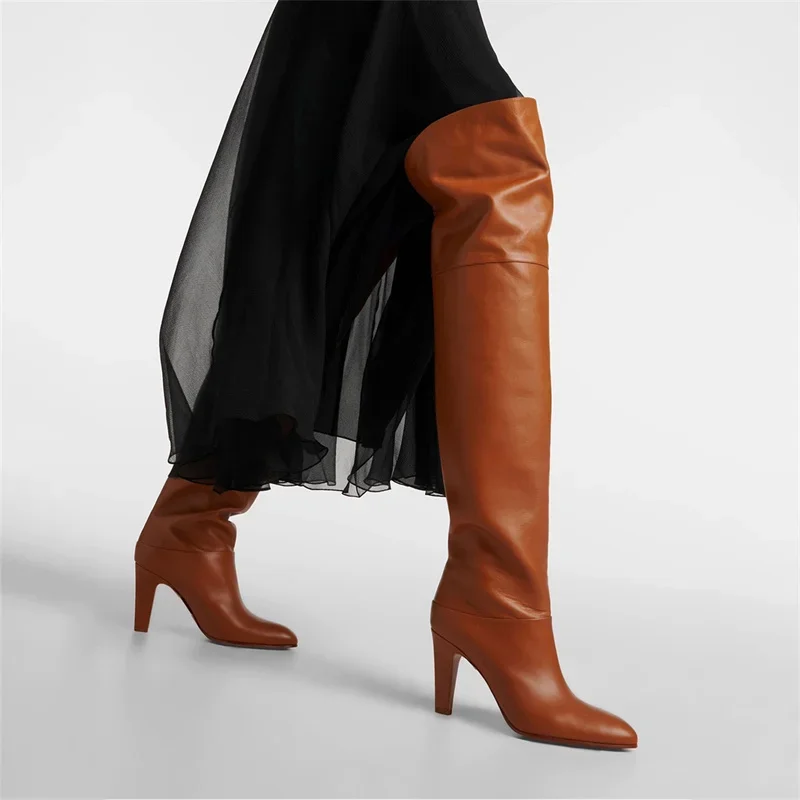 Over Knee Boots Round Toe Chunky Spike Heels Solid Botas Luxury Sewing Design Runway Genuine Leather Zapatos Mujer New Fashion