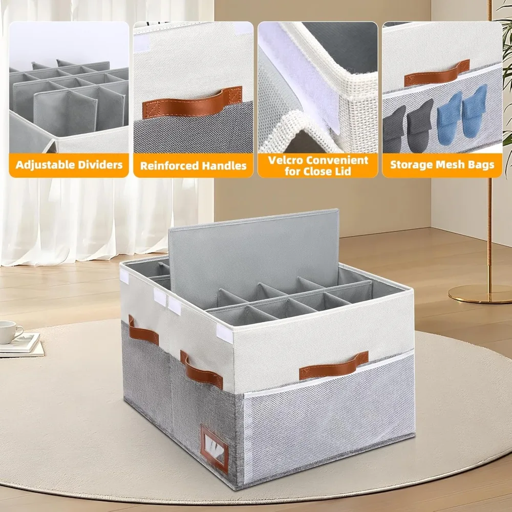 Organizador de zapatos para armario, contenedores de almacenamiento de zapatos plegables con tapa y divisores ajustables, almacenamiento de caja de zapatos de tela