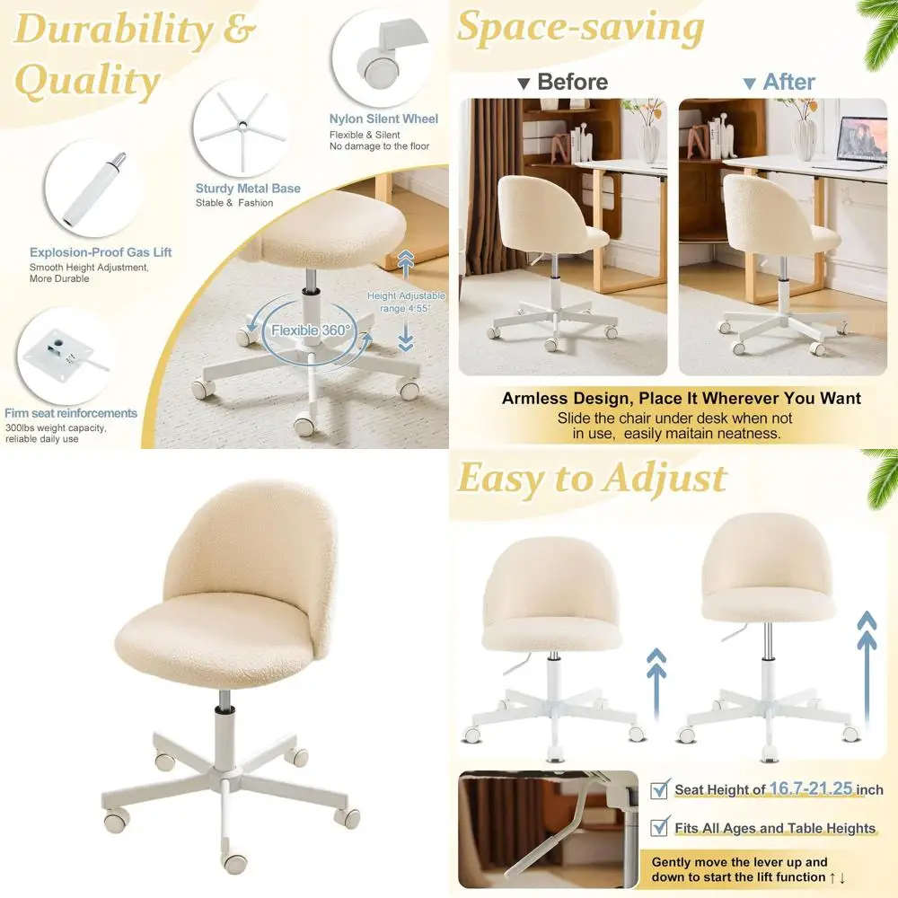 

Cozy Cream Beige Swivel Chair with Wheels for Home Office, Desk, and Bedroom, Lumbar Support