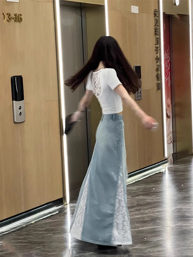 Female A-line Denim Skirt Korean Style Lace Patchwork Half Dress 2026 Spring New Retro High Waisted Casual Long Skirts