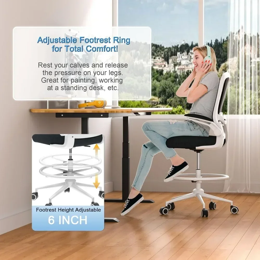 Drafting Chair,Tall Office Desk Chair with Flip-up Armrests Executive Ergonomic Computer Standing Desk Chair with Lumbar Support