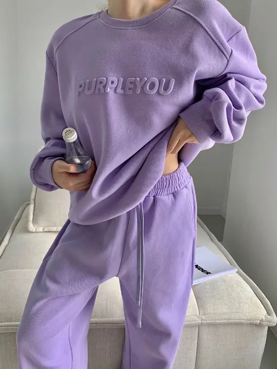 Damen 2026 Neuer Lila Sportanzug Frühling und Herbst Lässiger Modestil Lockerer Langarm-Pullover Oberteil und Hose 2-Teiliges Set – Detail 7