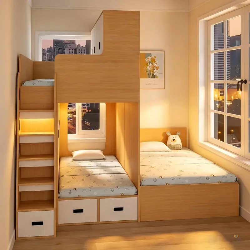 Triple Bunk Bed for Kids Space Saving Staggered Design 3 Beds in One Room Ideal for Small Apartments Siblings Sleep