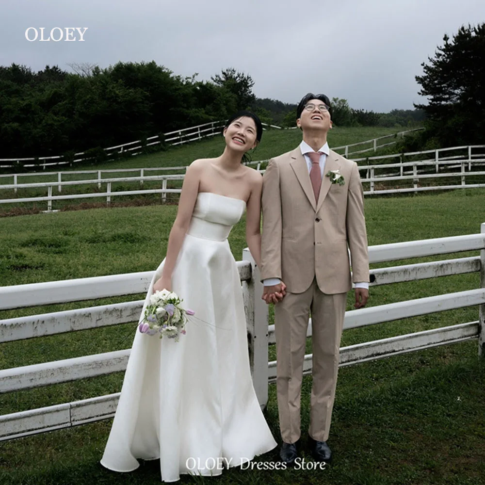 

OLOEY Simple A Line Korea Wedding Dresses Photoshoot Strapless Floor Length Bridal Gowns Corset Back Plain Garden