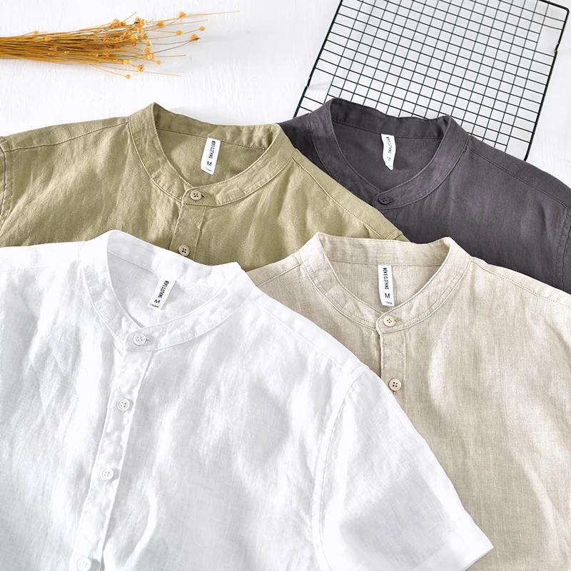 Designer Short Sleeve Casual Pure Linen Shirt Men Brand Trend Stand Collar 4XL Tops Clothing Chemise Homme Fast Dropshipping