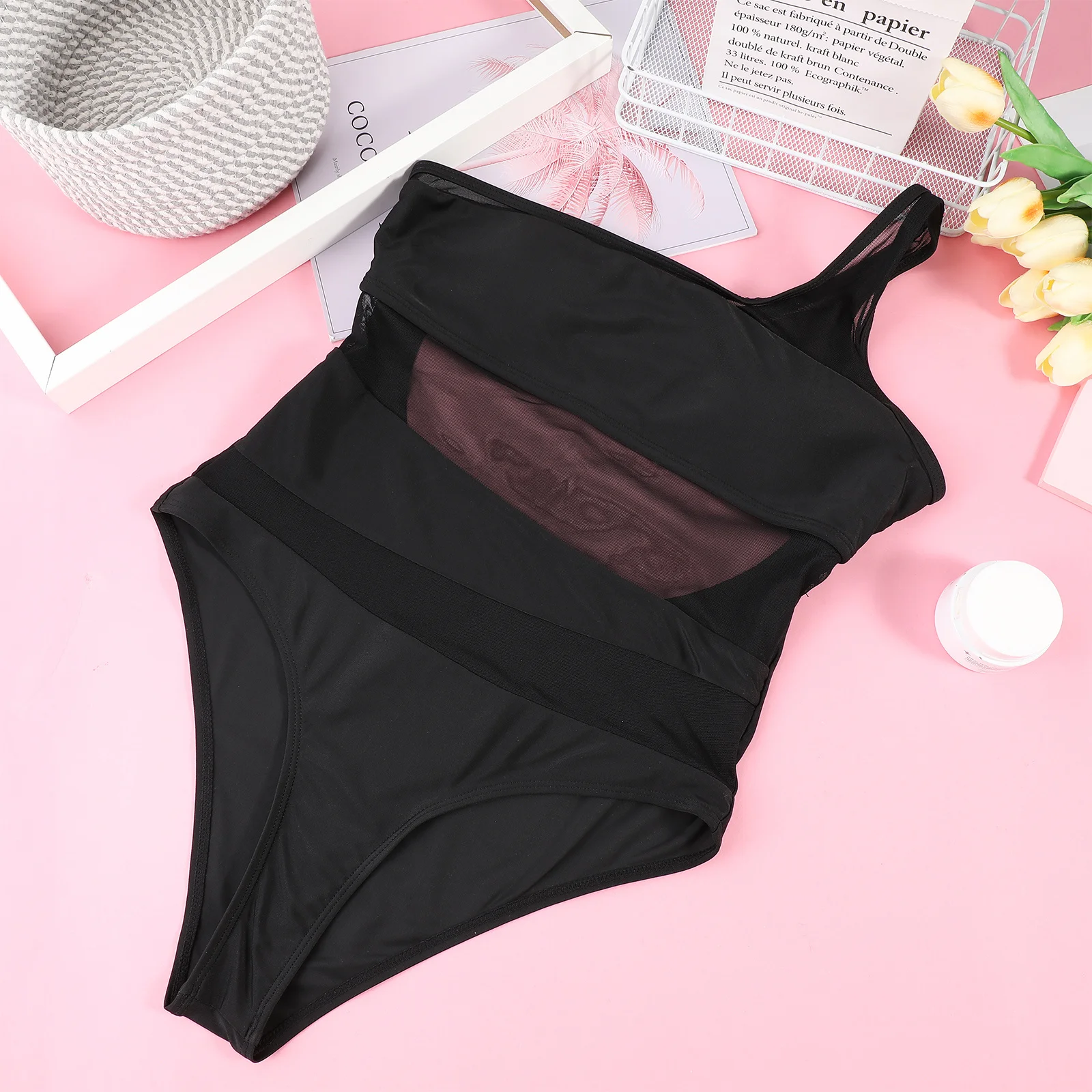 

One Piece Swimsuit Women Size L Mesh Splicing One Shoulder Cut Out Bathing Suit For Swimming Beach Pool Travel Workout