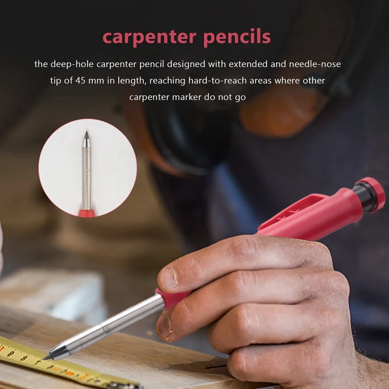 Hot Solid Carpenter Pencil With 6PCS Refills Woodworking Scriber Pen Marker Marking Tool Automatic Center Pin Drill Bit