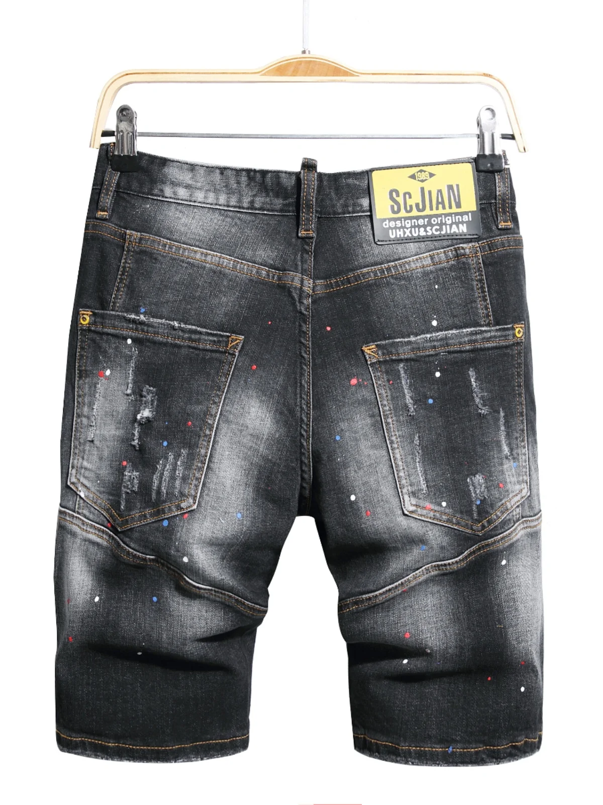 

High-End Men's Denim Shorts Embroidered Ripped Elastic Slim Fit Patchwork Jeans Casual Summer Wear Youth Trend