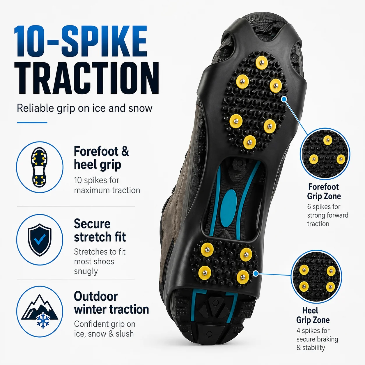 10-Spike Ice Cleats for Shoes, Anti-Slip Traction Grips for Snow and Ice, Stretch-On Crampons for Hiking, Walking, Boots, S & L.
