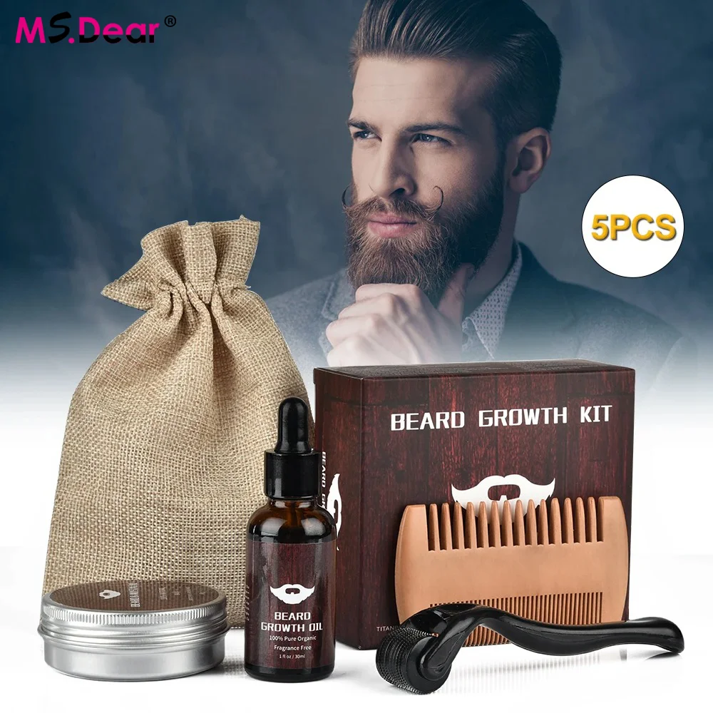 

1set Beard Growth Kit For Men Hair Enhancer Thicker Mustache Grooming Beard Care Oil Moisturizer Wax Balm With Roller Comb