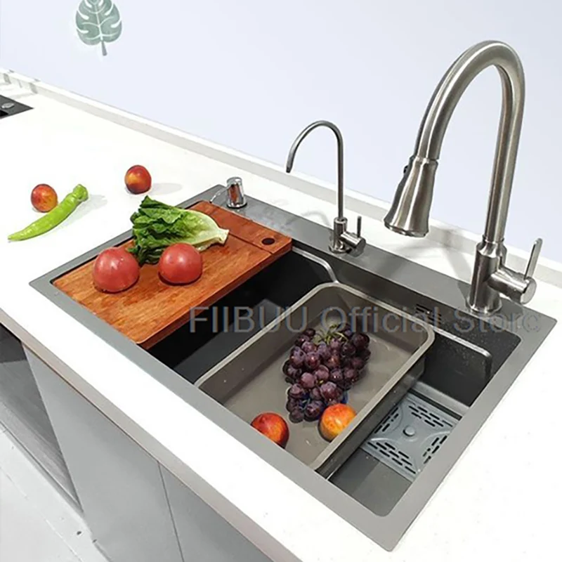 Large Capacity Multifunctional Kitchen Sink Stainless Steel Thickened Handmade Vegetable Basin Wash/Cut/Drain in One Full Set