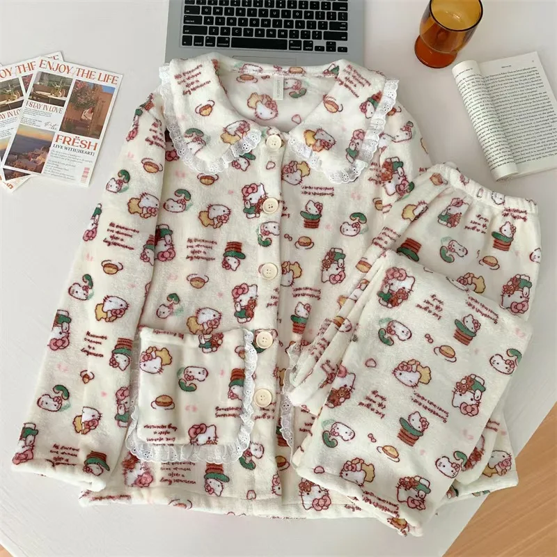 

Sanrio Christmas Hello Kitty Anime Women Pajamas Cartoon KT Cat Printing Long-sleeved Pants Two-piece Loose Casual Homewear Suit