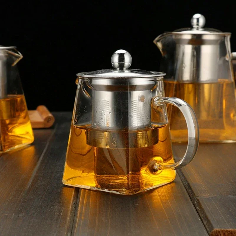 New Heat Resistant Glass Teapot With Stainless Steel Infuser Heated Container Tea Pot Good Clear Kettle Square Filter Baskets