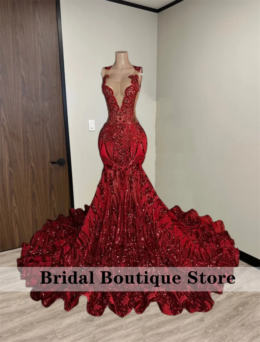 Sparkly New Design Red Diamonds Prom Dress 2026 Sequins Gown Bead Crystal Rhinestones Wedding Birthday Party Dress Customized