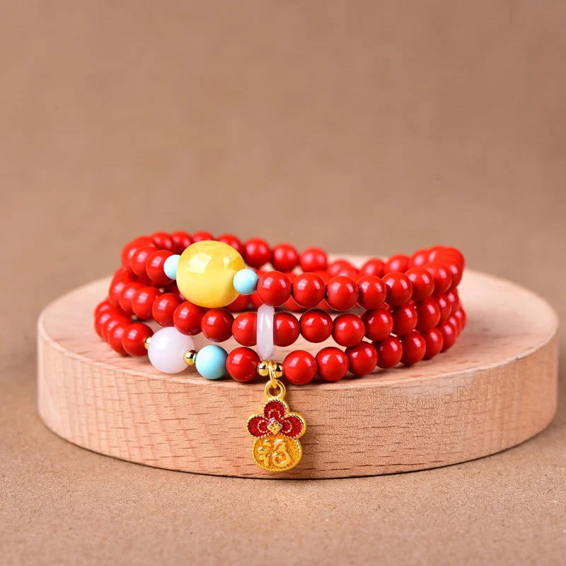 

High-Content Natural Red Sand Real 6mm Three-Ring Beeswax Accessories All-Match Pendant Bracelet