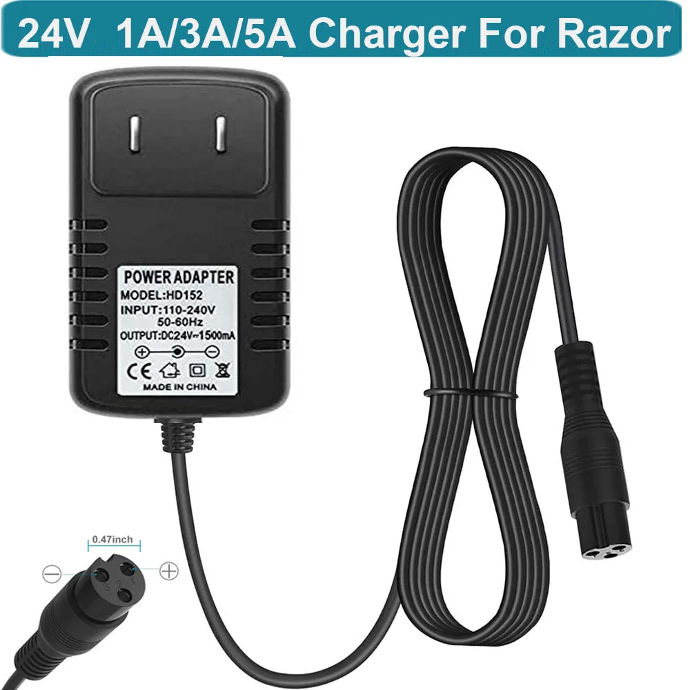 

24V Charger for Razor E200 E200S E175 E300 E300S E125 E150 E500 E500S PR200 E225S E325S MX350 MX400 ZR350 Pocket Mod, Sports Mod