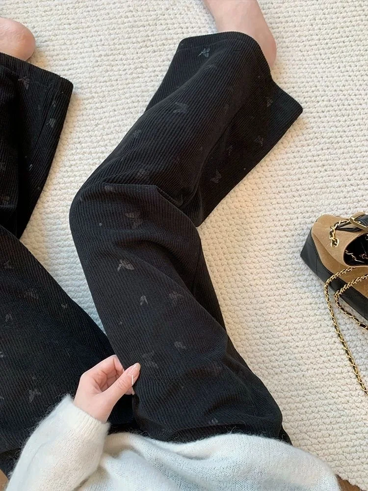 

Широкие повседневные брюки с высокой талией на флисовой подкладке для мужчин и женщин, осенне-зимние, прямого кроя, с эффектом прессованных цветов, больших размеров