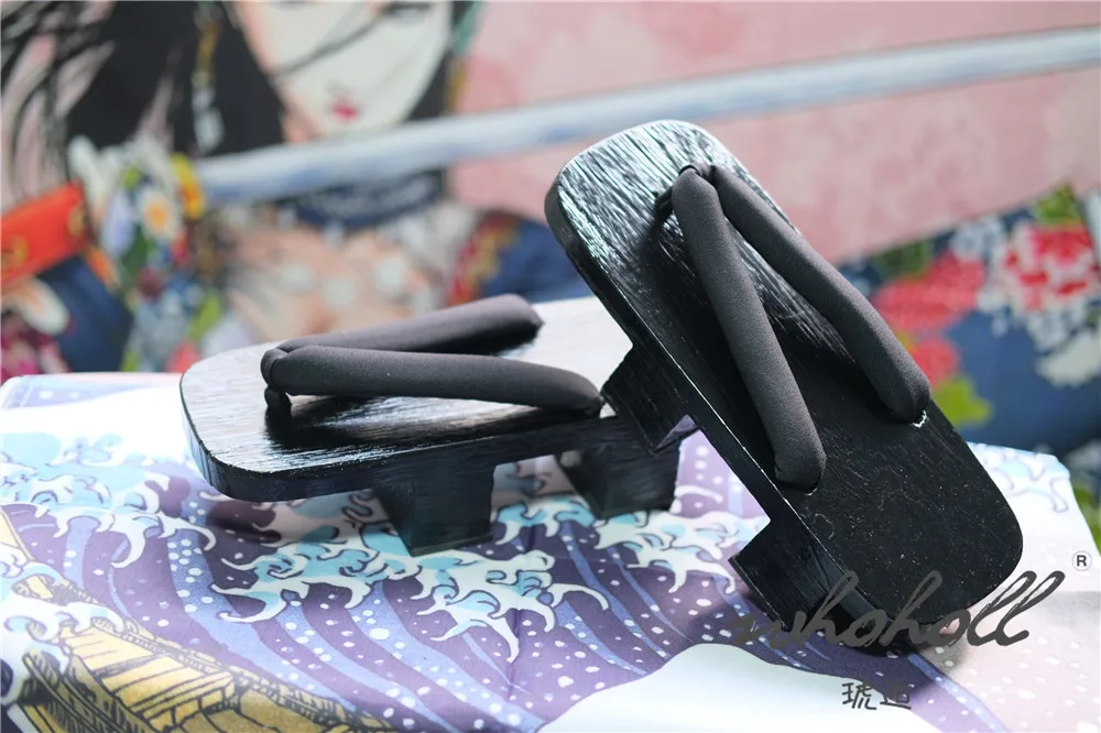 Schwarz Farbe Holz Geta Flip-Flops Mann Frauen Hausschuhe Japanischen Anime Coplay Kostüme Zwei-zähne Dicken Plattform Holz Clogs schuhe – Detail 7