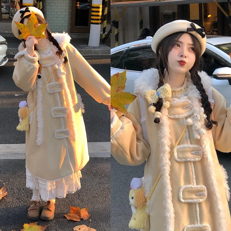 

Зимняя маленькая молочная сумка из овчины, пальто из кроличьей шпильки, манжеты на пуговицах, длинная све, милая, женская шерстяная верхняя одежда