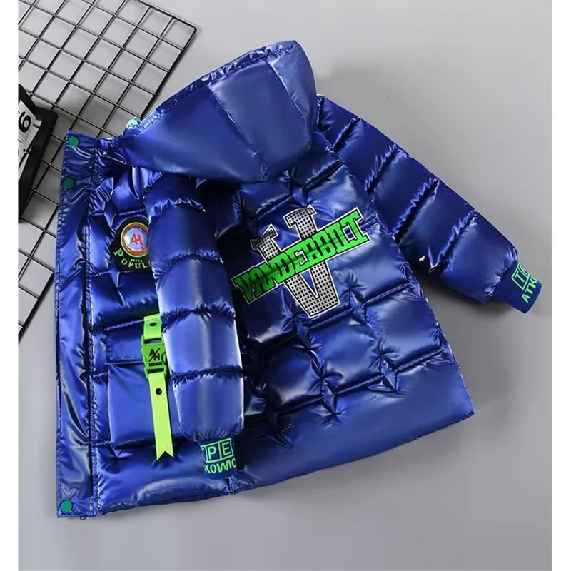 Winter Kids Boys Down coats Teenagers Glossy Velvet Thicken Medium Long Cotton down Jacket Children Letter Hooded Outerwear